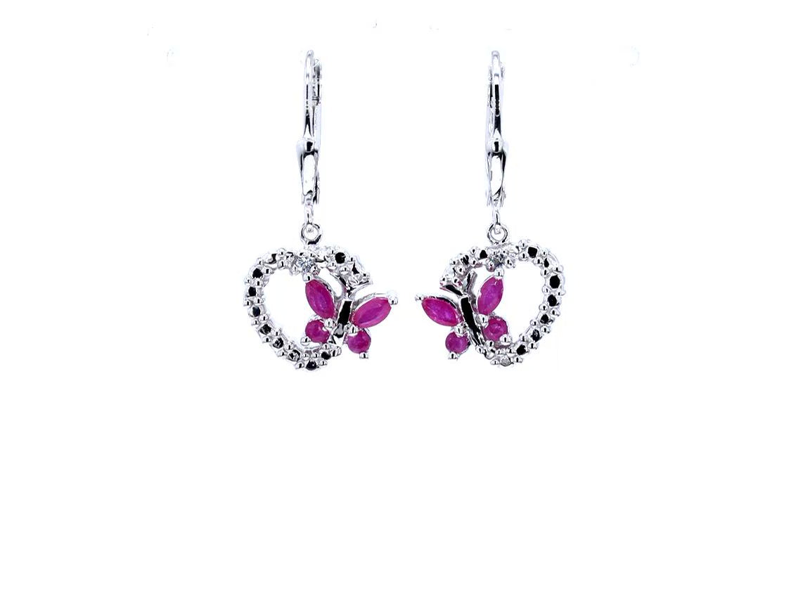 Ruby Butterfly Earrings With White Sapphire 0.52 Carats Sterling Silver