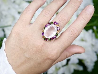 Natural Rose Quartz Cocktail Ring Multicolored Gemstones 14K Rose Gold Plated