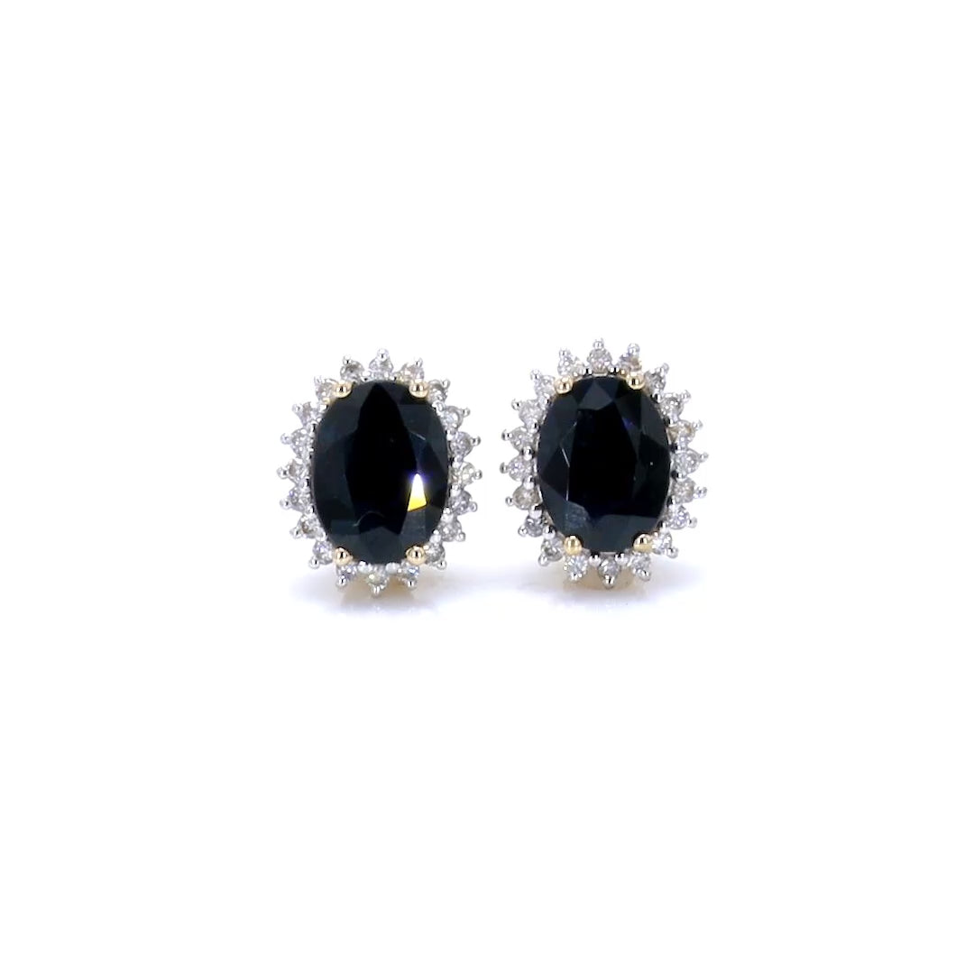 Deep Blue Sapphire Earrings Diamonds 3.3 Carats 14K Yellow Gold