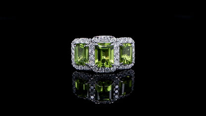 Peridot Three Stone Ring Diamond Setting 5.14 Carats 18K Gold