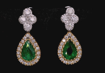 Emerald Dangle Earring  With Diamonds 1.18 Carats 18K Gold