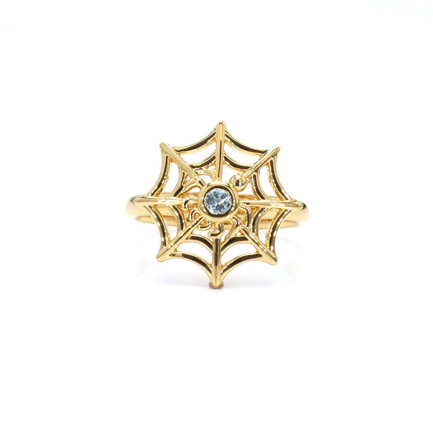 Aquamarine Spider Web Ring 0.08 Carats Gold Plated Silver
