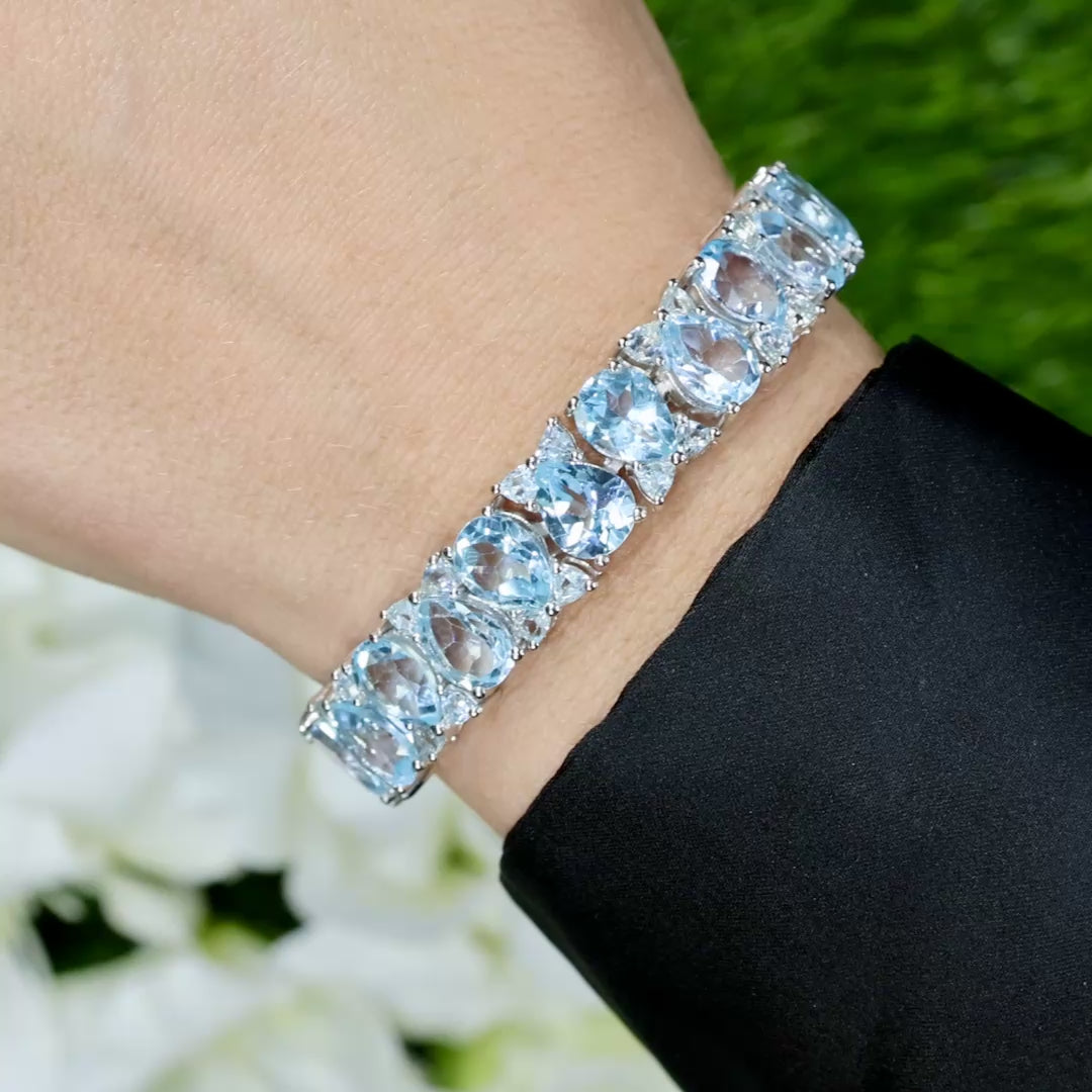 Blue Topaz Tennis Bracelet 58 Carats Rhodium Plated Sterling Silver