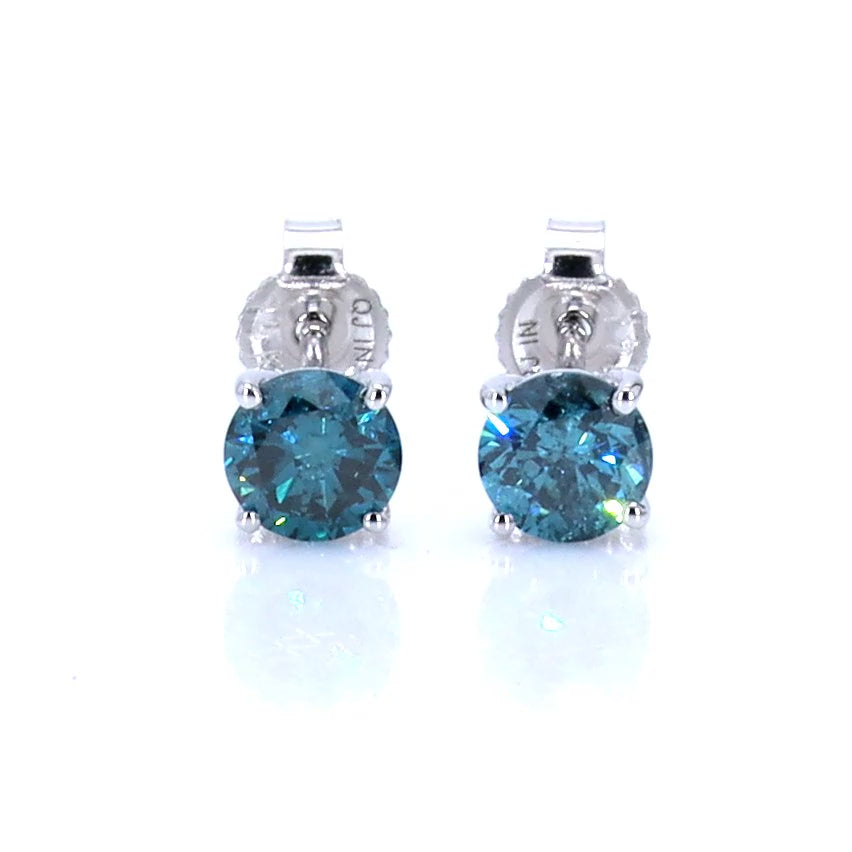 Blue Diamond Stud Earrings 0.8 Carats 14K White Gold