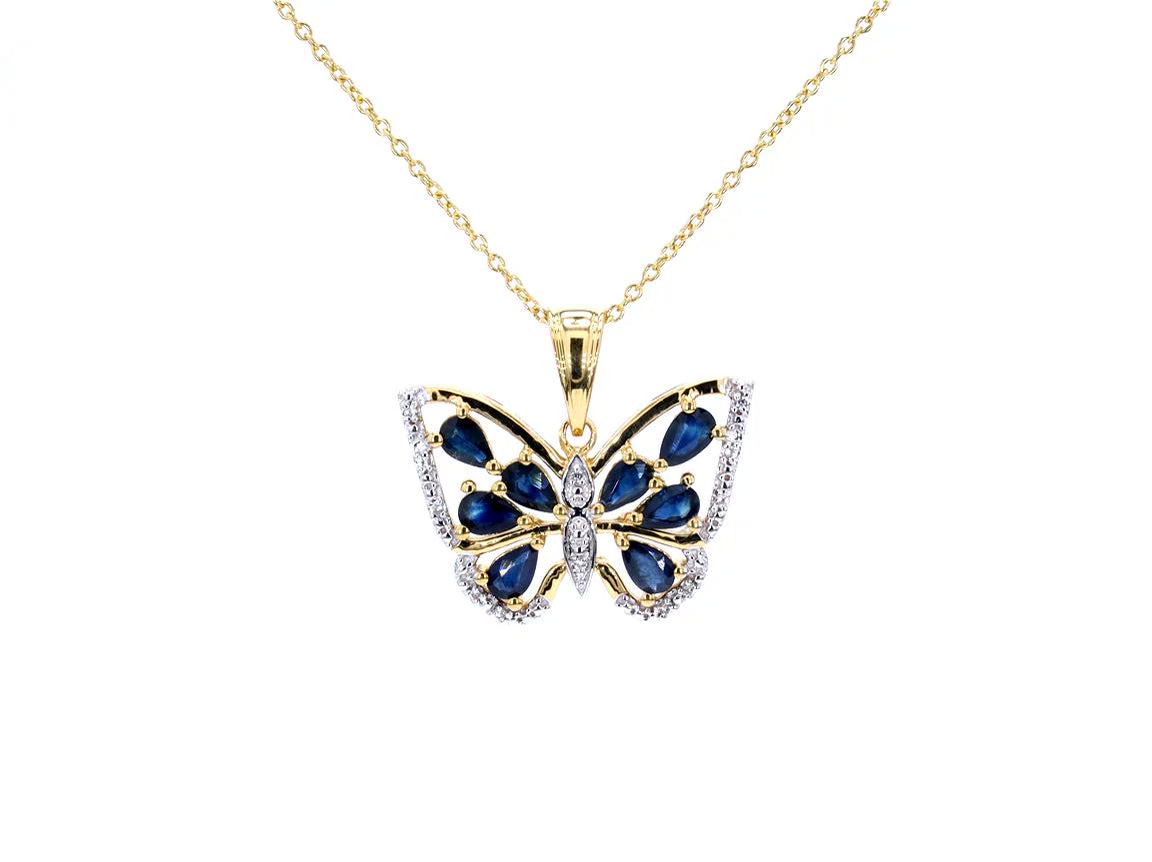 Blue Sapphire Butterfly Pendant With White Zircon 1.63 Carats Gold Plated Silver