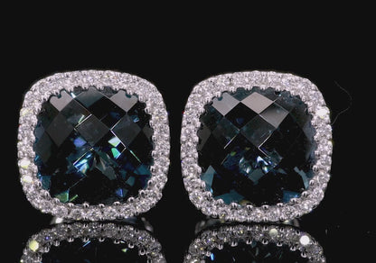 London Blue Topaz Stud Earrings Diamond Halo 3.40 Carats 18K White Gold