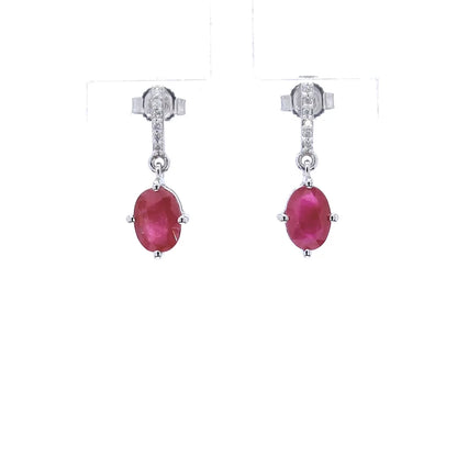 Ruby Dangle Earrings Diamonds 1.74 Carats 10K White Gold