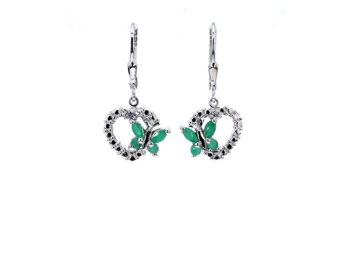 Emerald Butterfly Earrings With White Sapphire 0.38 Carats Sterling Silver