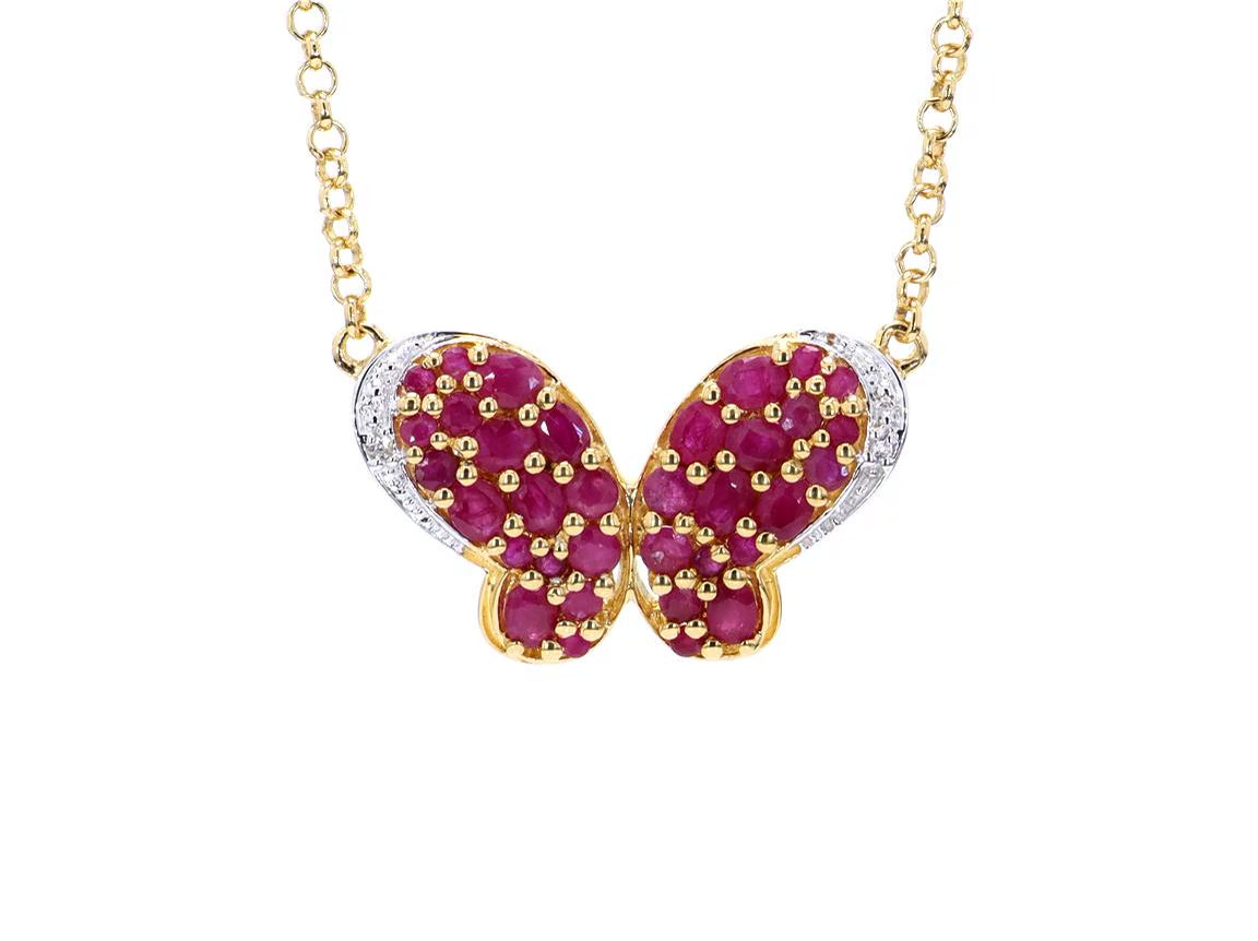 Ruby Butterfly Pendant With White Zircon 4.08 Carats Gold Plated Silver