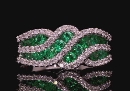 Emeralds and Diamonds Wave Band Ring 18K White Gold