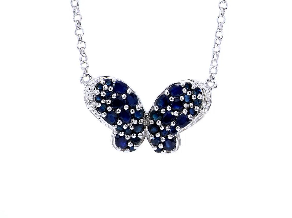 Blue Sapphire Butterfly Pendant With White Zircon 3.76 Carats Sterling Silver