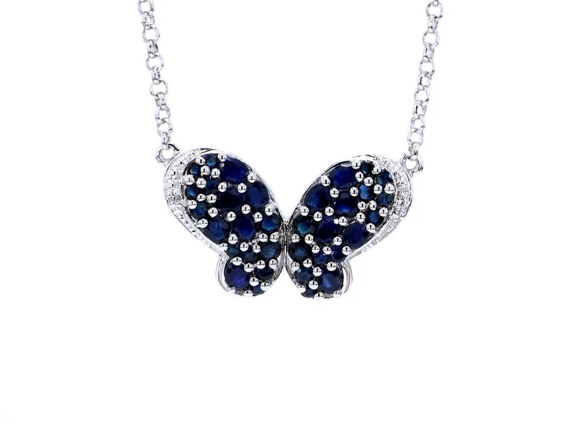 Blue Sapphire Butterfly Pendant With White Zircon 3.76 Carats Sterling Silver