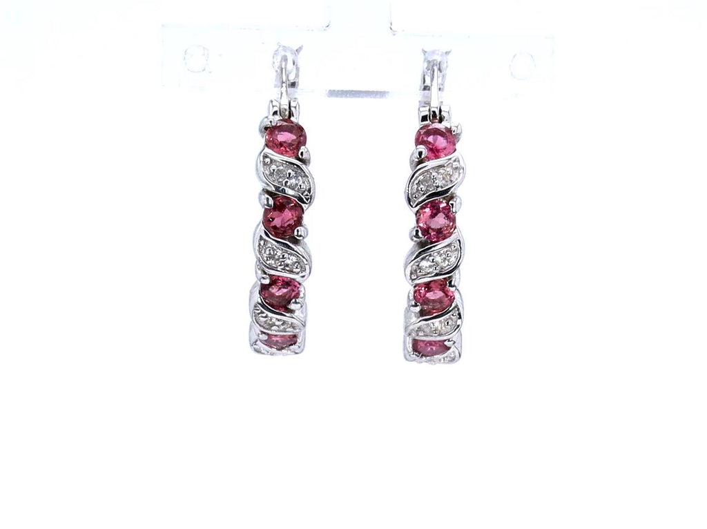 Pink Tourmaline Hoop Earrings With White Topaz 1.24 Carats Sterling Silver