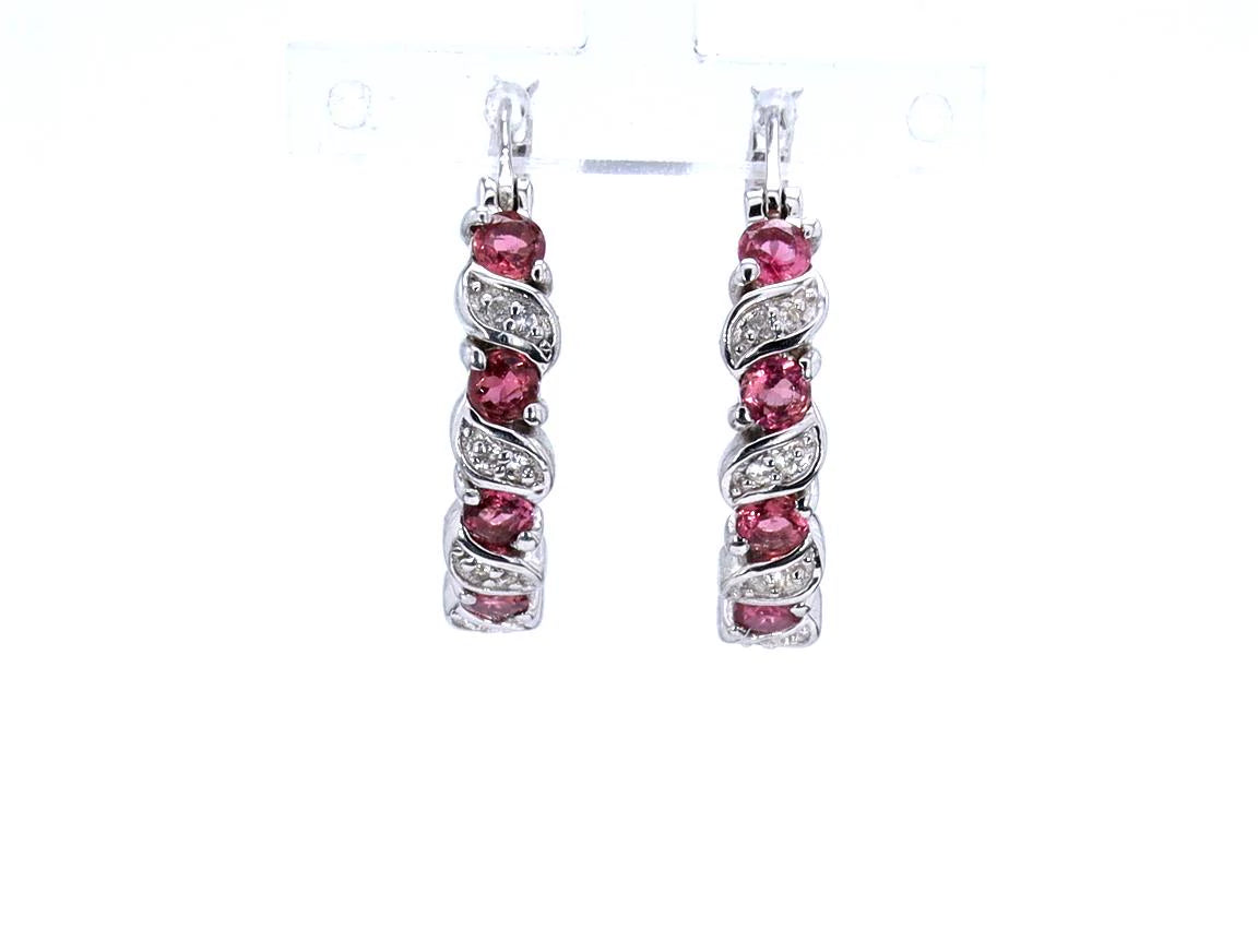 Pink Tourmaline Hoop Earrings With White Topaz 1.24 Carats Sterling Silver