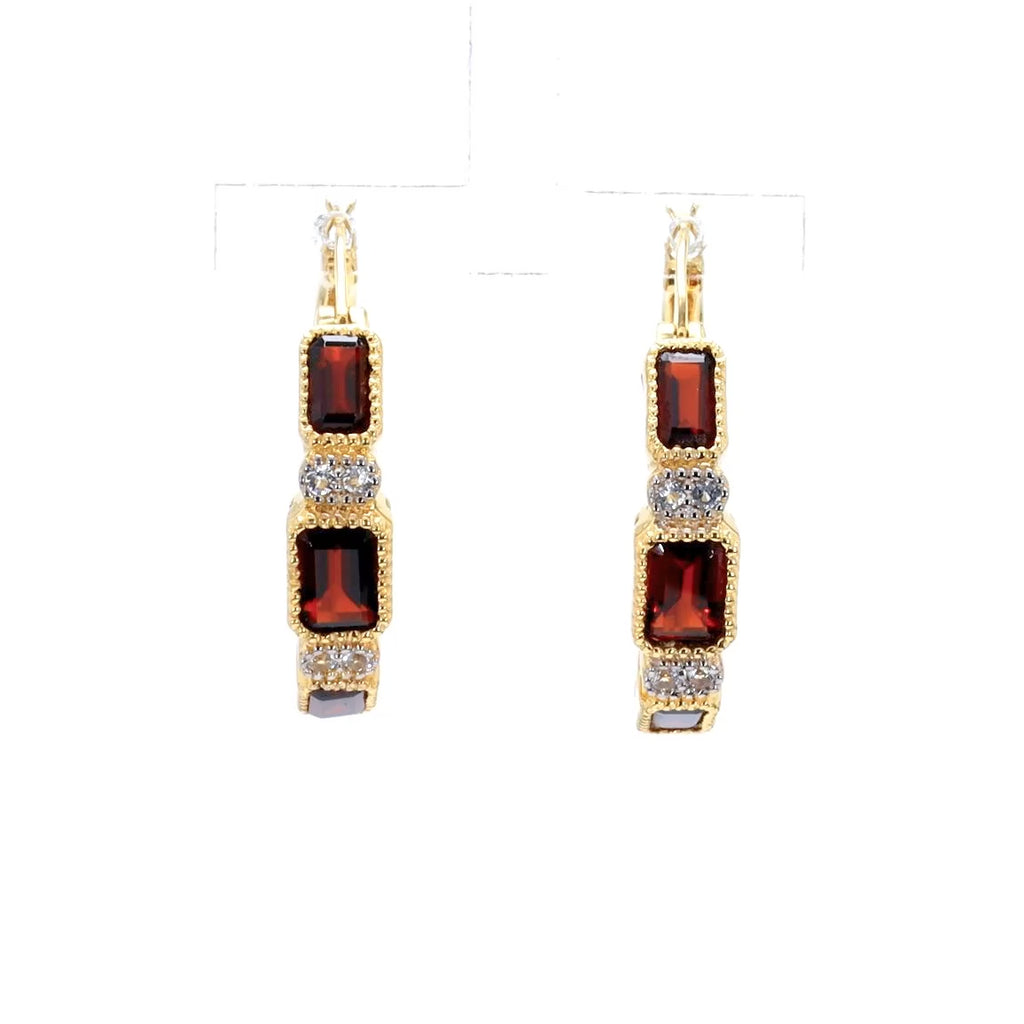 Garnet Earrings With White Topaz 2.72 Carats Gold Plated Silver
