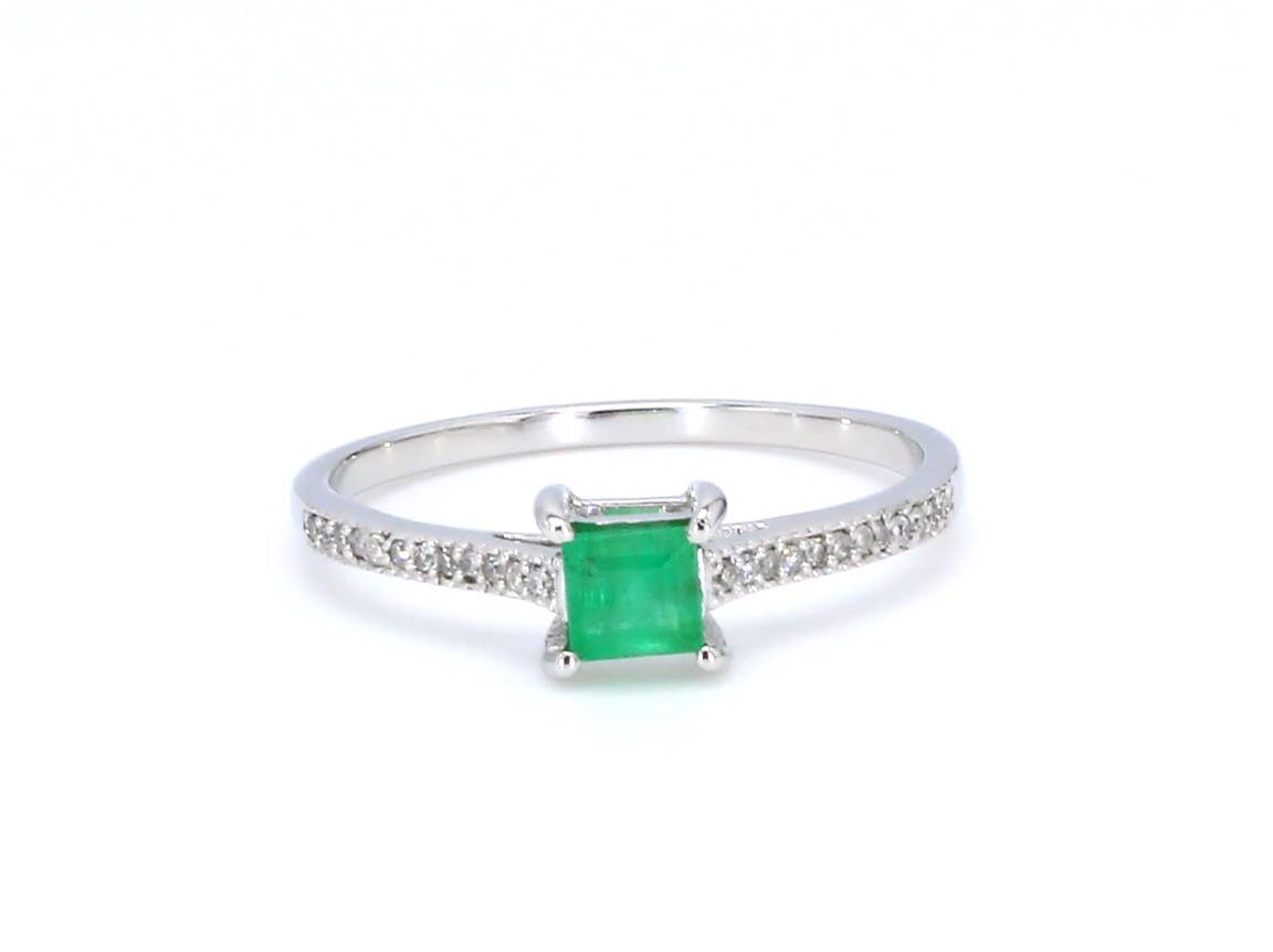 Zambian Emerald Ring With Diamonds 0.64 Carats 14K White Gold