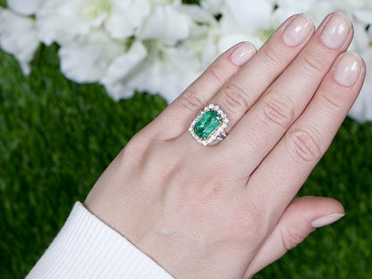 Emerald Ring With Diamond Halo Setting 5.12 Carats 18K Gold