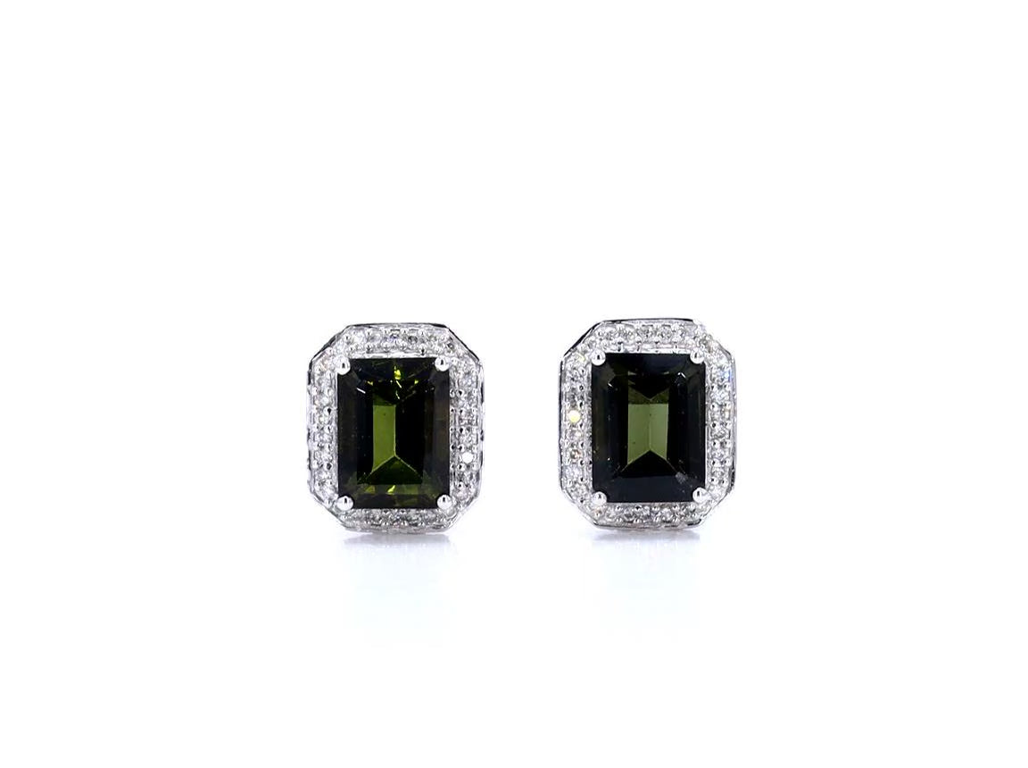 Green Tourmaline Stud Earrings With Diamonds 3.54 Carats 14K White Gold