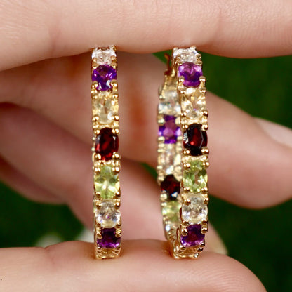 Multicolor Gemstones Hoop Earrings 5.4 Carats 14K Yellow Gold Plated Silver