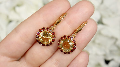 Citrine Earrings With Garnet 8.4 Carats Gold Plated Silver