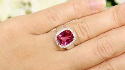 Hot Pink Topaz Ring White Topaz Halo 4.4 Carats