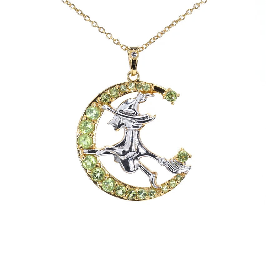 Peridot Witch Pendant With White Topaz 1.02 Carats Gold Plated Silver