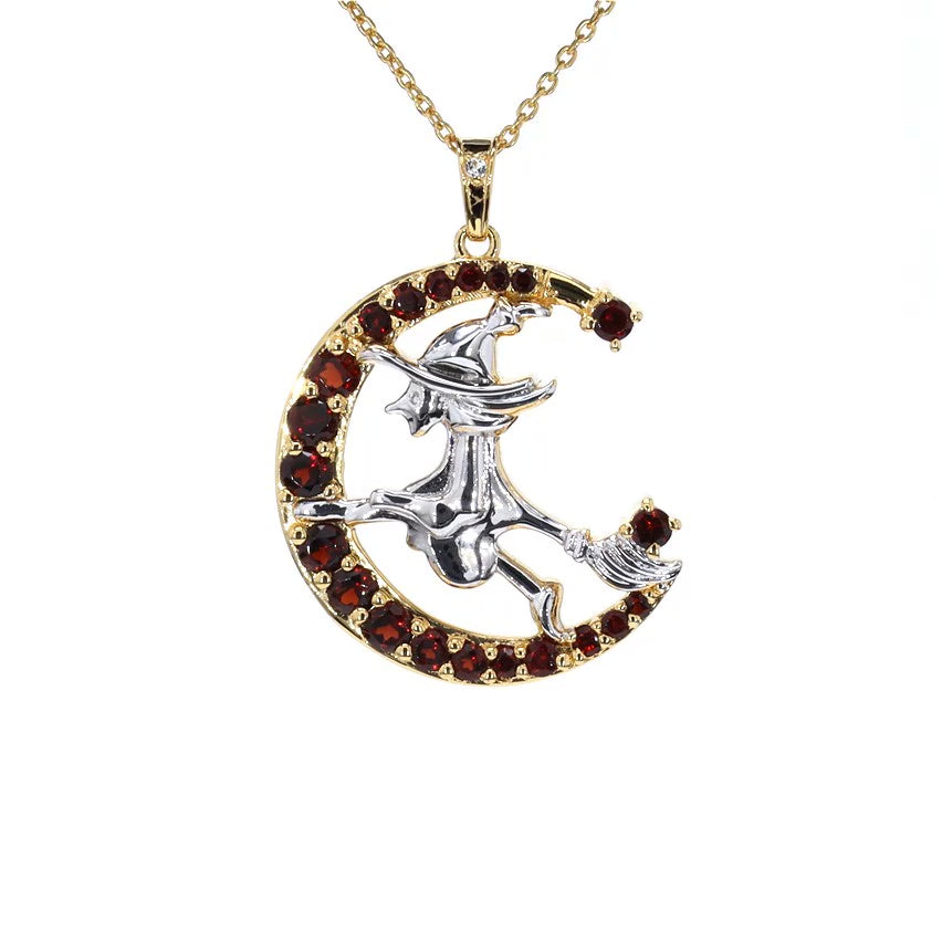 Garnet Flying Witch Pendant With White Topaz 1.22 Carats Gold Plated Silver