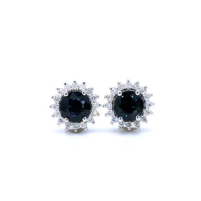Blue Sapphire Halo Earrings Diamonds 2.3 Carats 14K White Gold