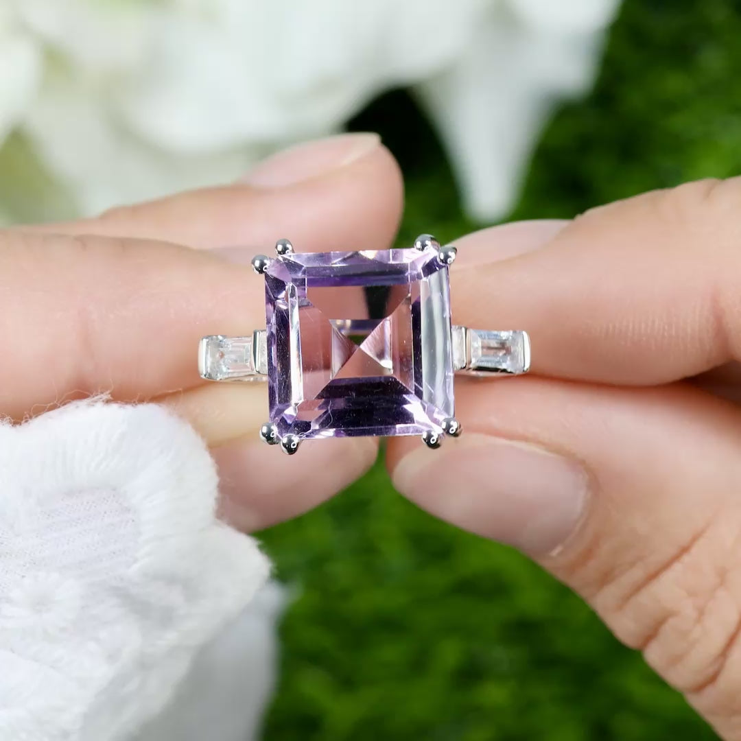 Pink Amethyst Ring White Topaz 8.29 Carats Sterling Silver