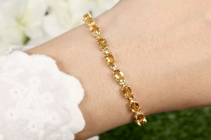 Citrine Tennis Bracelet 9.45 Carats Oval Cut 14K Yellow Gold Plated Silver