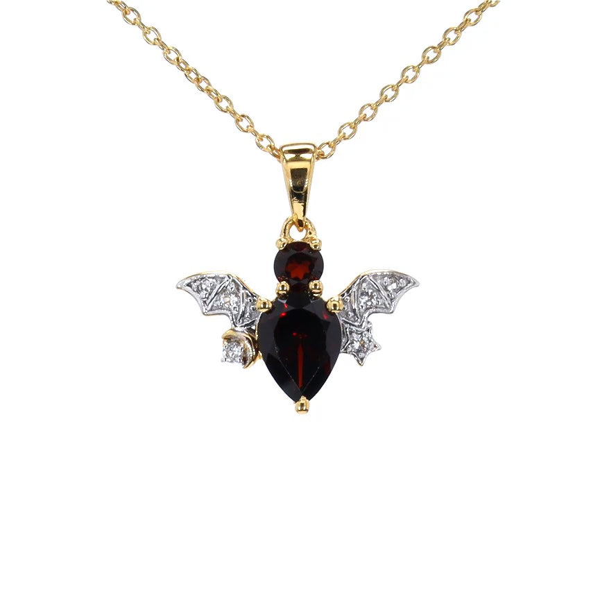 Garnet Bat Pendant With White Topaz 1.55 Carats Gold Plated Silver