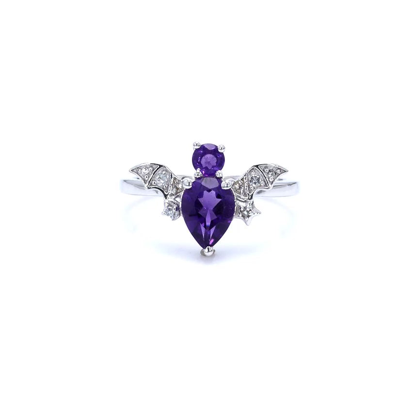 Amethyst Bat Ring With White Topaz 1.11 Carats Sterling Silver