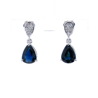 Blue Sapphire Teardrop Earrings Diamonds 2.7 Carats 14K White Gold
