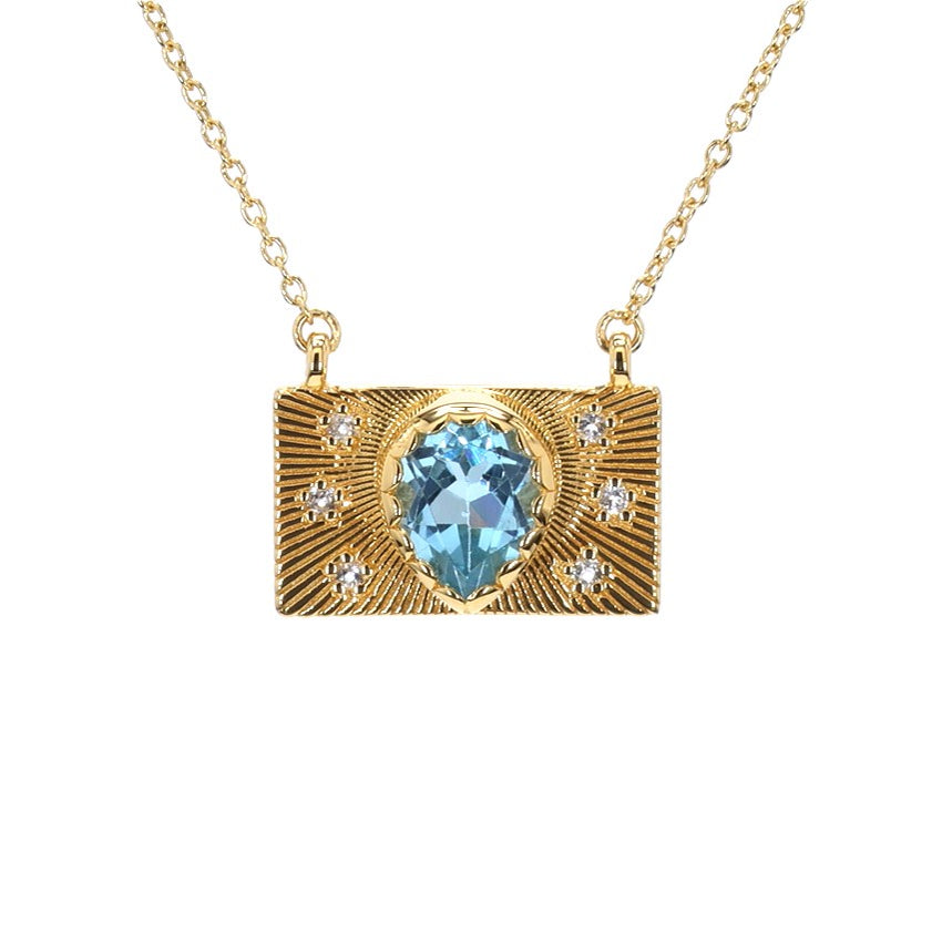 Blue Topaz Purse Necklace With White Topaz 2 Carats Gold Plated Silver