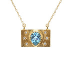 Blue Topaz Purse Necklace With White Topaz 2 Carats Gold Plated Silver