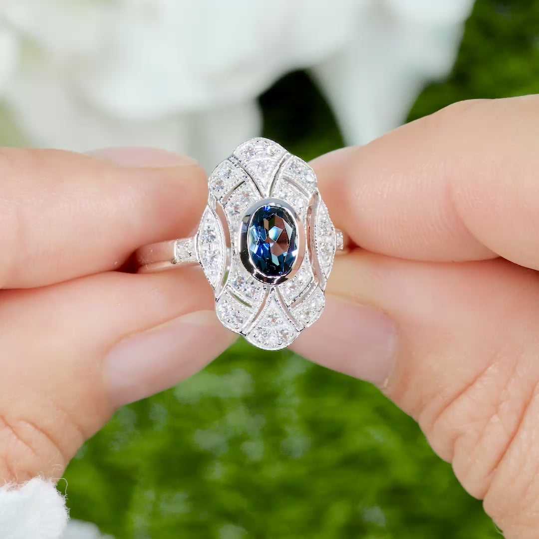 London Blue Topaz Ring With White Topaz 1.28 Carats Sterling Silver