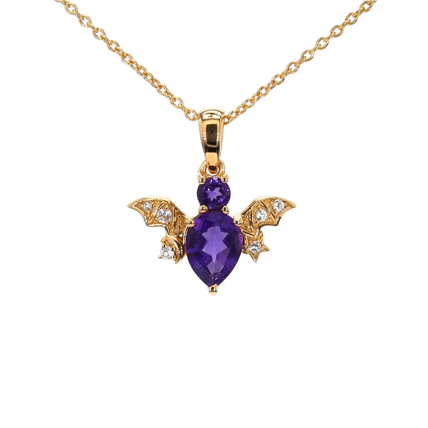 Amethyst Bat Pendant With White Topaz 1.19 Carats Gold Plated Silver