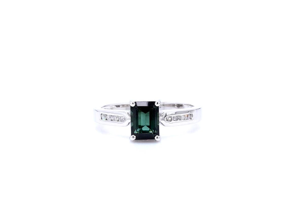 Green Tourmaline Ring With Diamonds 1.16 Carats 14K White Gold