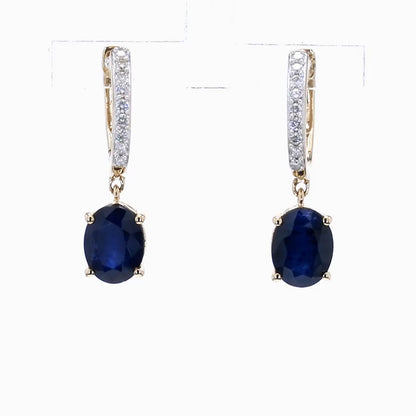 Blue Sapphire Dangle Earrings Diamonds 3.2 Carats 14K Yellow Gold