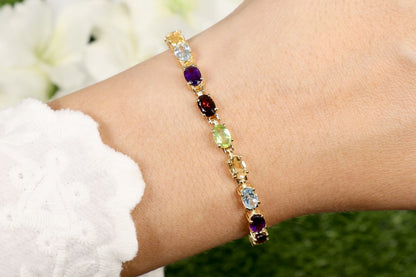 Multicolor Gemstones Tennis Bracelet 8.95 Carats 14K Yellow Gold Plated Silver