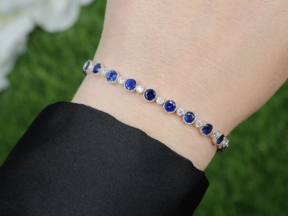 Blue Sapphire Tennis Bracelet Diamond Links 6 Carats 18K White Gold