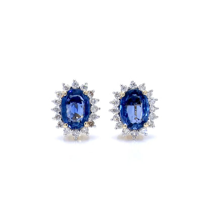Blue Sapphire Earrings Halo Diamonds 2.2 Carats 14K Yellow Gold