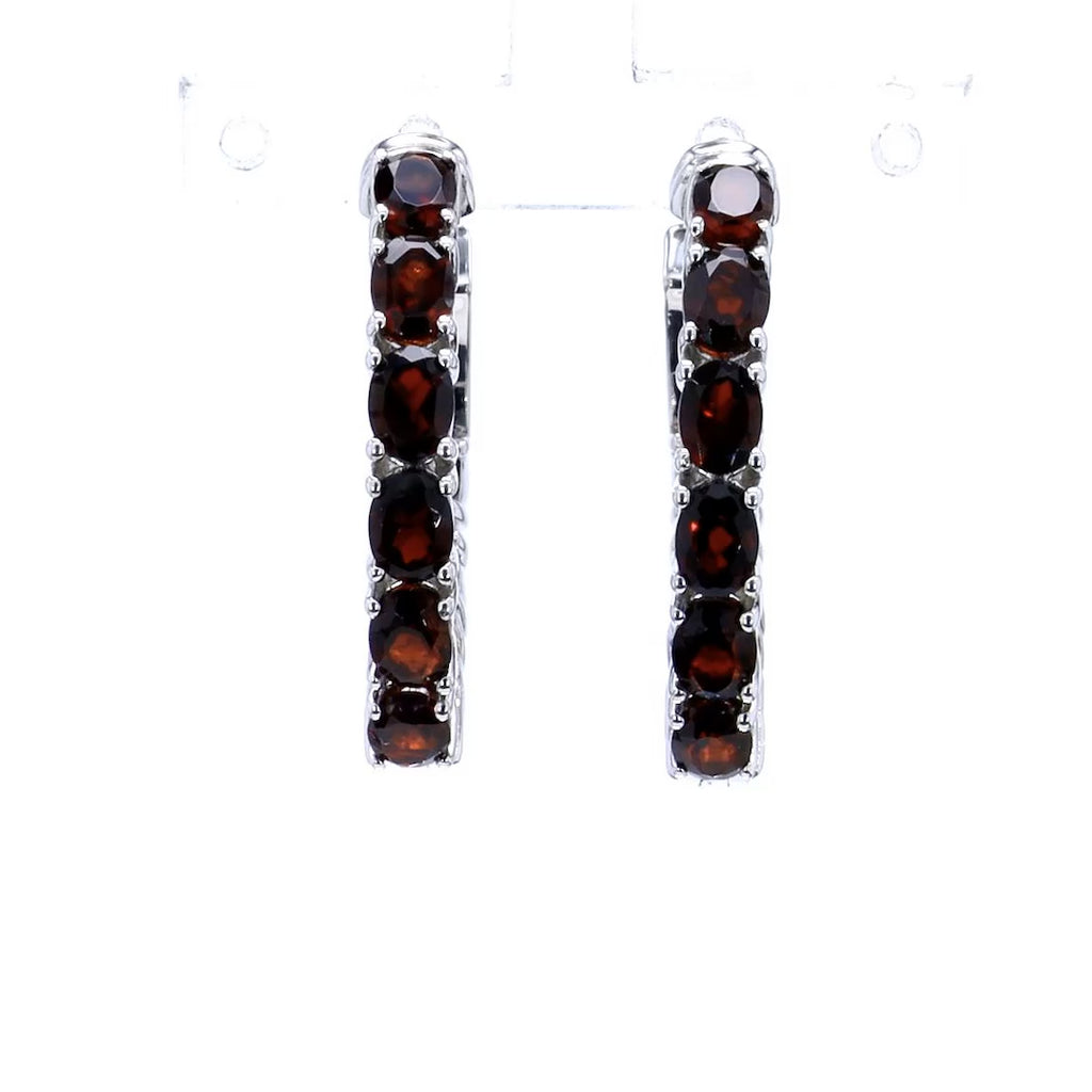 Garnet Hoop Earrings 4 Carats Rhodium Plated Silver