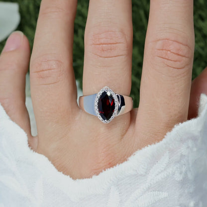 Marquise Cut Red Garnet Ring White Topaz Halo 2.07 Carats Total