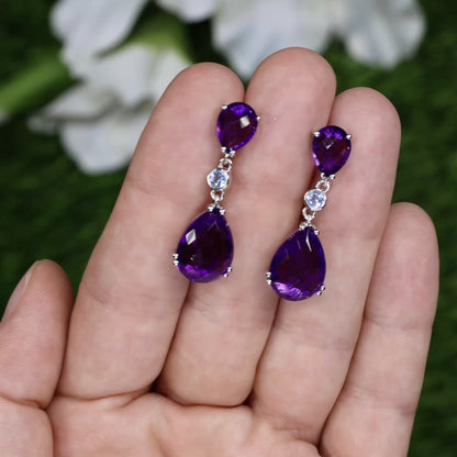 Rose Cut Amethyst Earrings Blue Topaz 11.8 Carats Sterling Silver