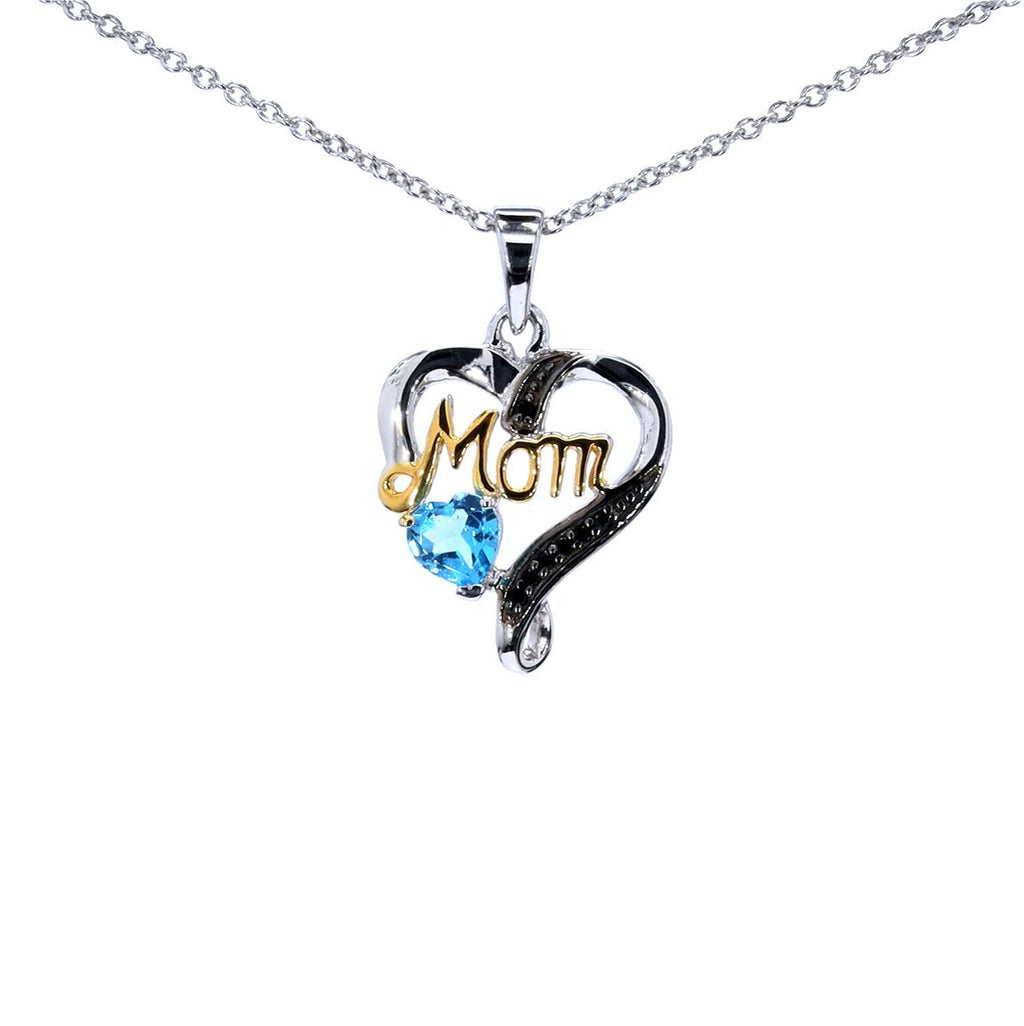 Swiss Blue Topaz Mom Pendant With Black Spinel 0.54 Carats Gold Plated Silver