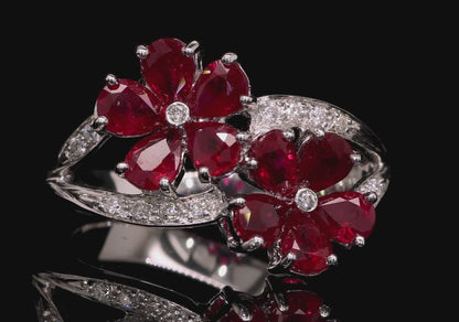 Ruby Flower Ring Diamond Setting 1.92 Carats 18K White Gold