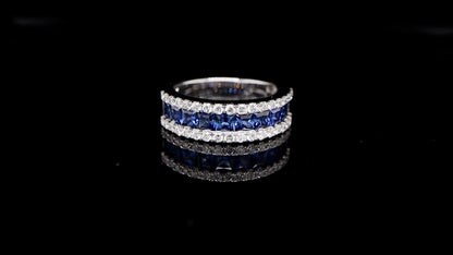 Blue Sapphires Band Ring With Diamonds 2.42 Carats 18K Gold