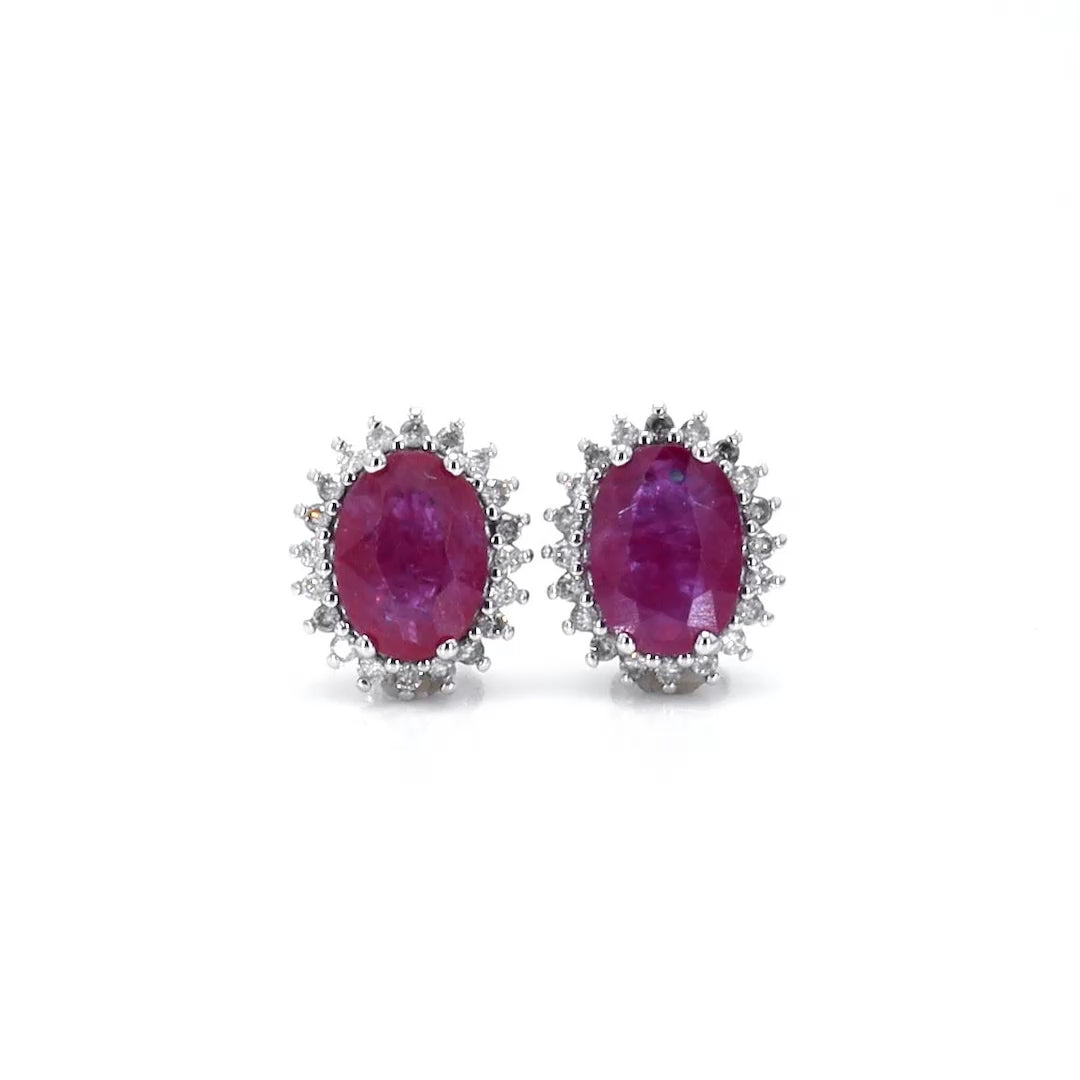 Ruby Earrings Diamonds 3.12 Carats 14K White Gold