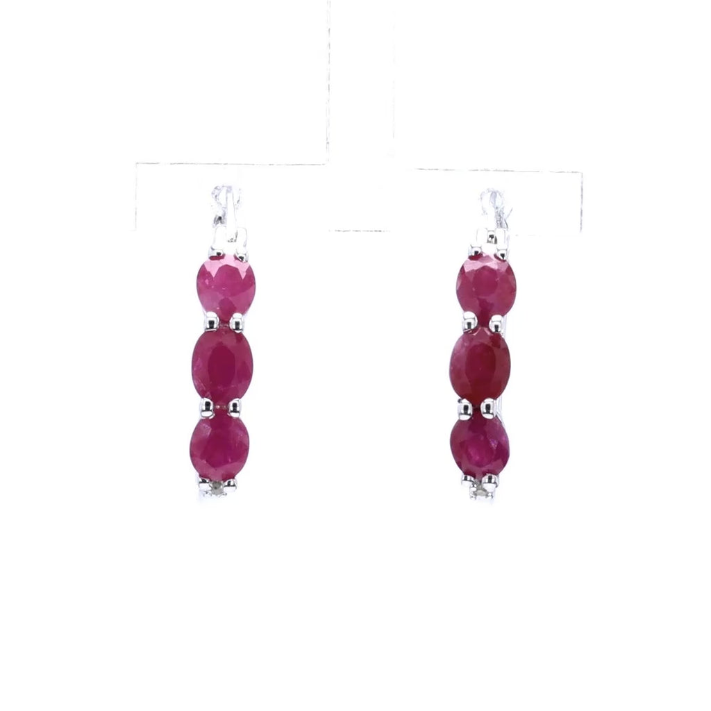 Natural Ruby Hoop Earrings With Diamonds 1.79 Carats Sterling Silver
